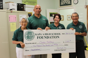 Coach Micah Mokuahi accepts check from Foundation Board members Barbara Yamane, Shellie Domingsel, and Art Fujita